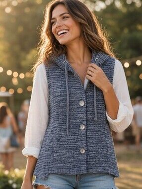 Multiples Women’s Size PS Drawstring Hoodie Button Up Sweater Vest In Blue/Ecru.